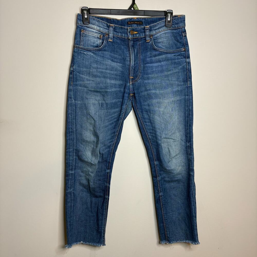 Nudie Jeans Mens 30x30 Blue Denim Stretch Streetwear Straight Leg Frayed Hem